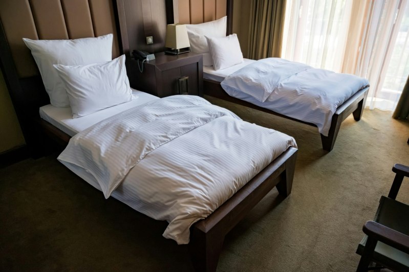 Beautiful interior of modern bedroom with twin beds